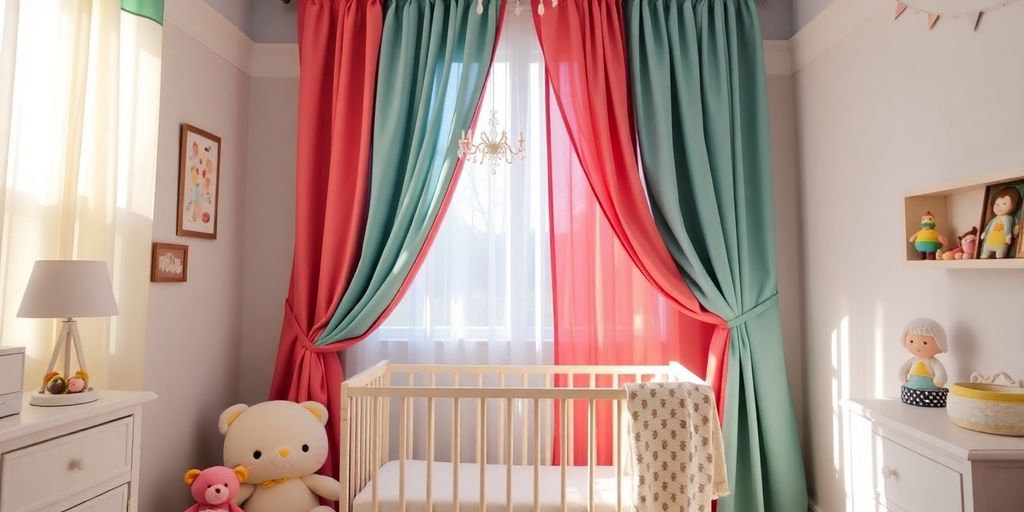 Cortina colorida em quarto de bebê aconchegante.