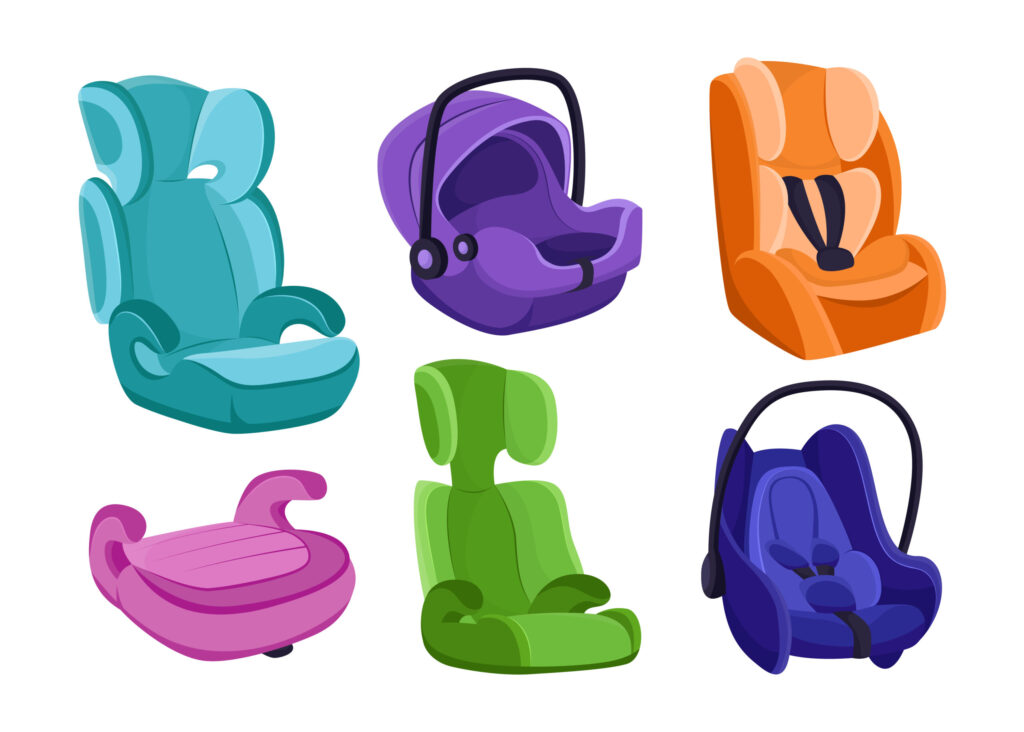 Different car seats for babies vector illustrations set. Chairs for babies, booster seats with seatbelts for vehicles isolated on white background. Movement, transportation, safety concept