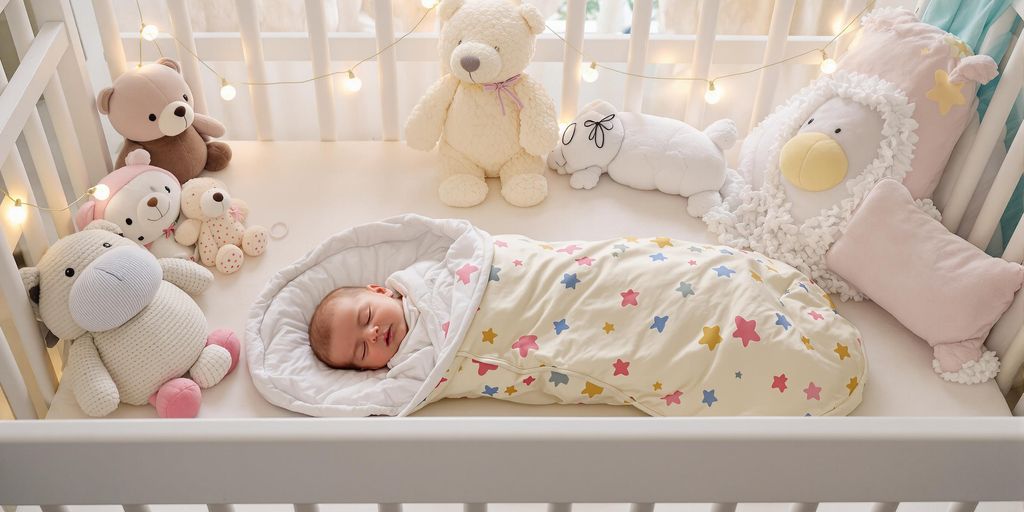 Bebê dormindo em saco de dormir colorido no berço