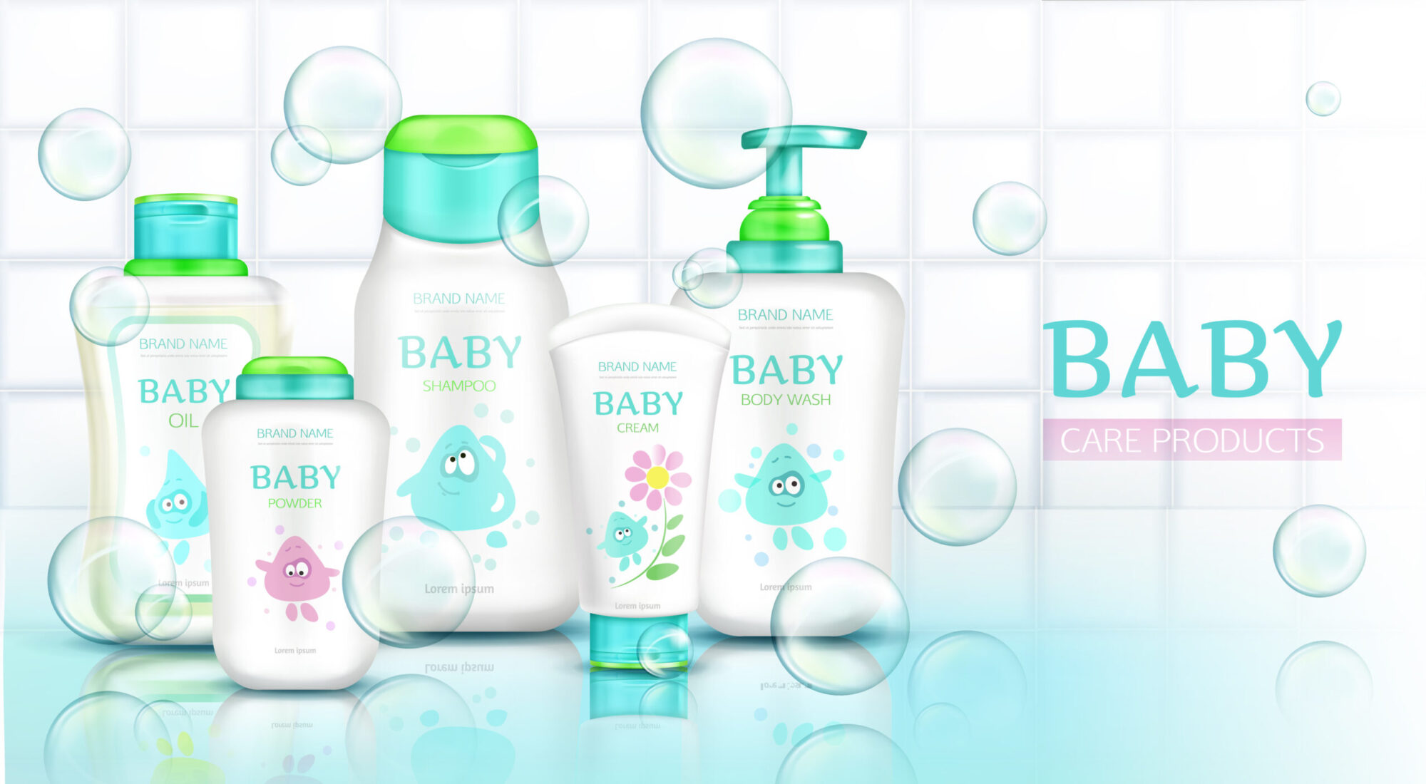 Baby care products, cosmetics bottles with kids cartoon design and flying soap bubbles, plastic tubes mockup of cream, shampoo, foam on white bathroom tiled background Realistic 3d vector illustration