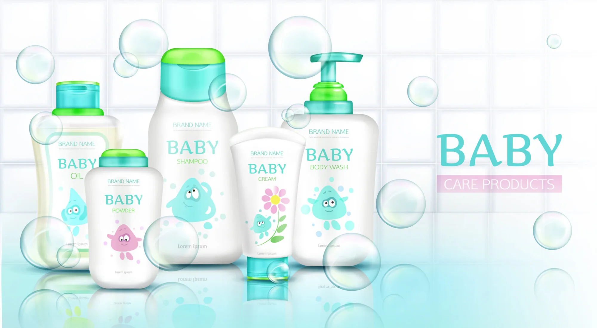 Baby care products, cosmetics bottles with kids cartoon design and flying soap bubbles, plastic tubes mockup of cream, shampoo, foam on white bathroom tiled background Realistic 3d vector illustration