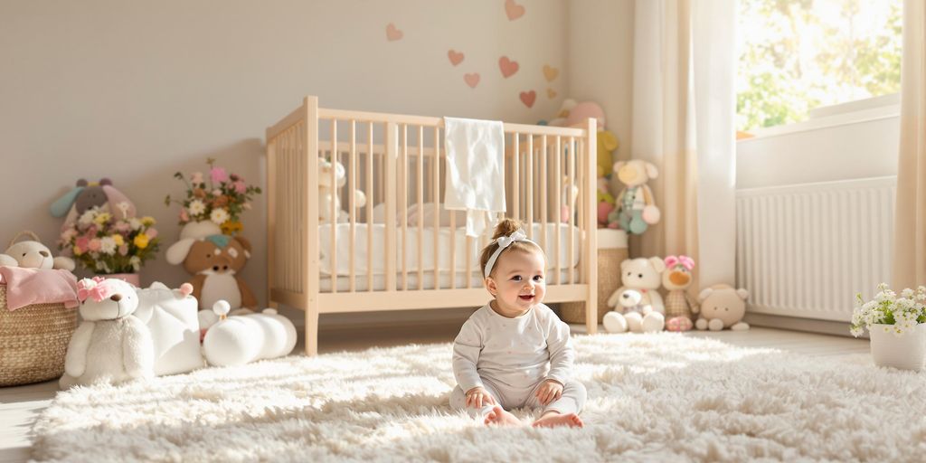 Bebê menina sorrindo em quarto decorado com tons pastéis.