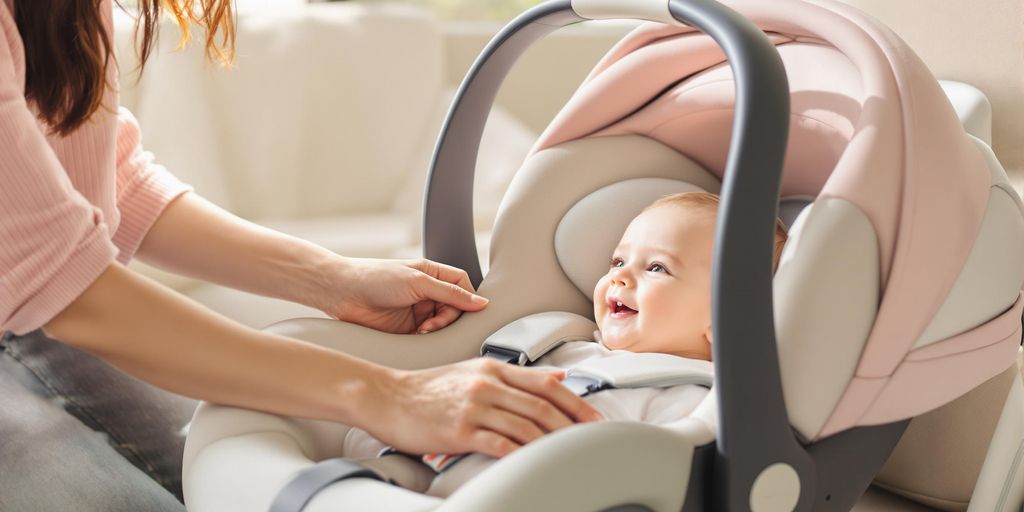 Mãe coloca bebê sorridente em bebê conforto moderno e aconchegante.