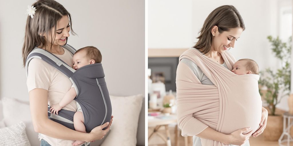 Mãe usando canguru e sling com bebê em casa aconchegante.