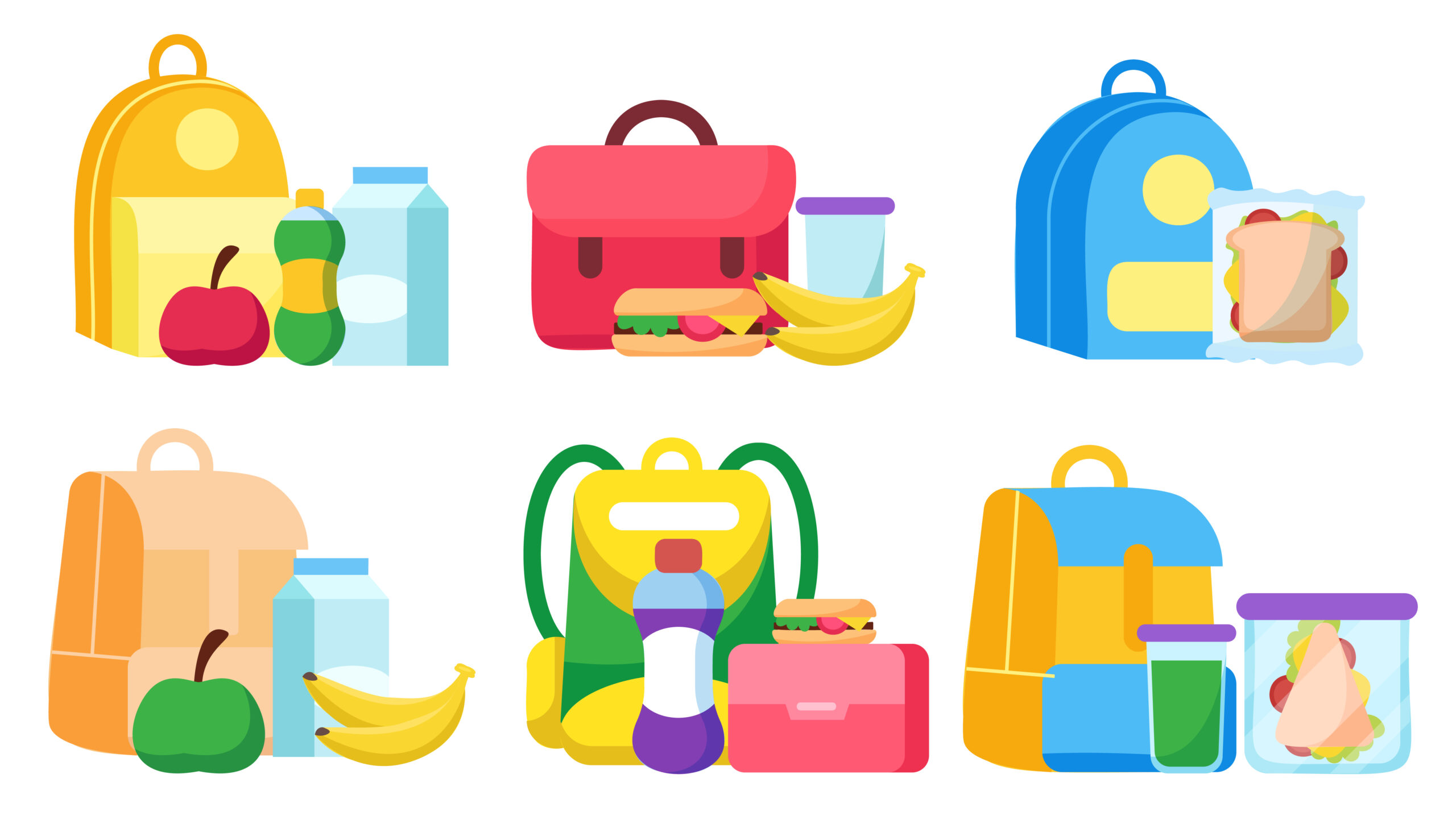 School lunch food boxes and kids bags. Healthy and nutritional food meals for kids breakfast in lunchbox plastic fruit bags of apples. Sandwich and snacks packed in schoolkid. Vector illustration.