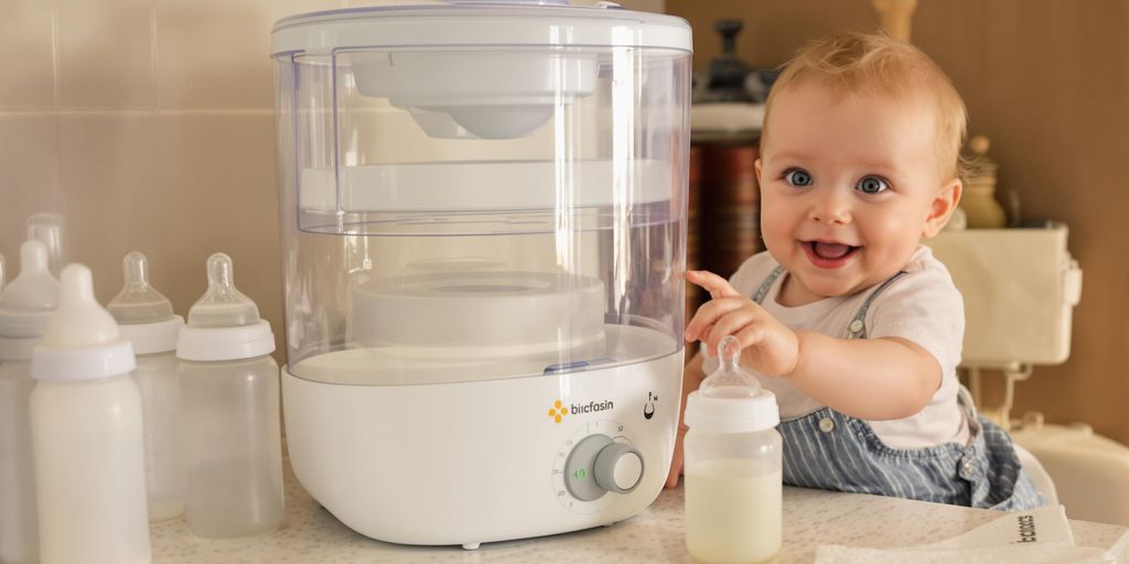 Esterilizador de mamadeira e bebê sorrindo