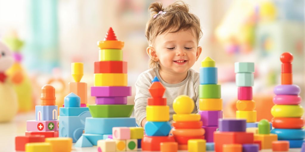 Criança brincando com brinquedos educativos coloridos.