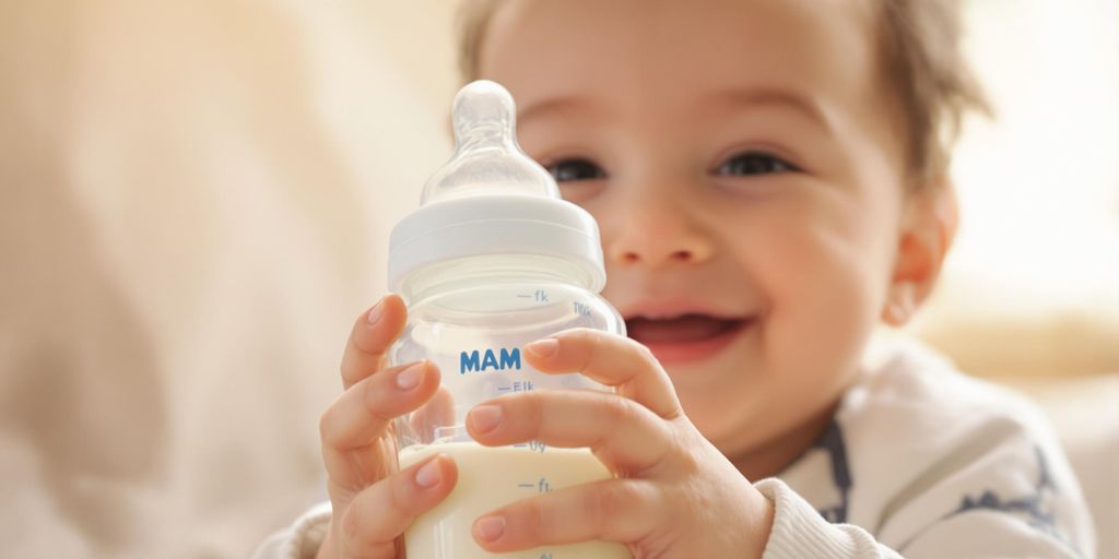 Bebê feliz segurando mamadeira MAM.