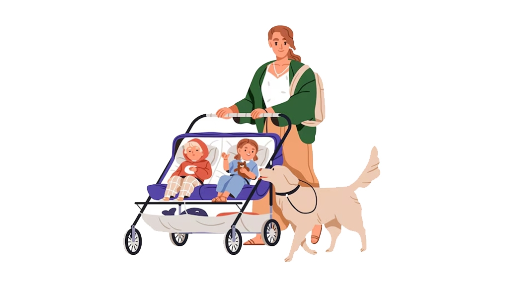 Carrinho para Gêmeos: Como Escolher o Melhor em 2025 1 mae cao e gemeos em carrinho de bebe em tandem mae caminhando com duas criancas em carrinho e cachor