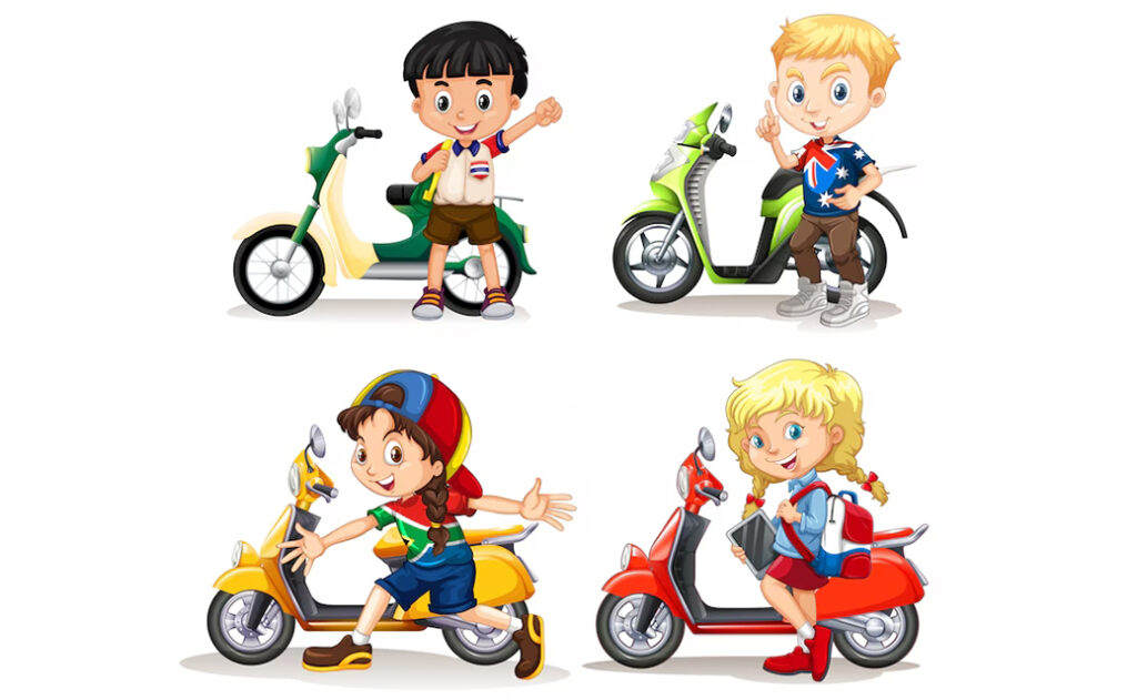 Moto Infantil Elétrica: Alegria Sobre Rodas em 2025 6 Crianças ao lado de suas Moto Infantil Elétrica