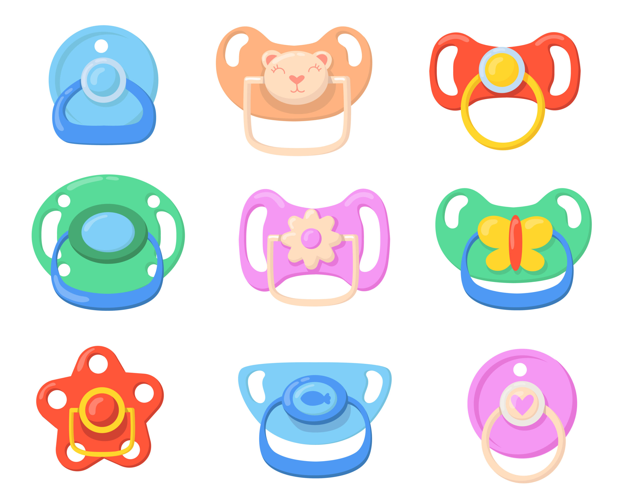 Pacifiers for babies set. Colorful plastic soothers for little children with butterfly, bear, flower shaped handles. Vector illustrations for childhood, parenthood, baby care concept