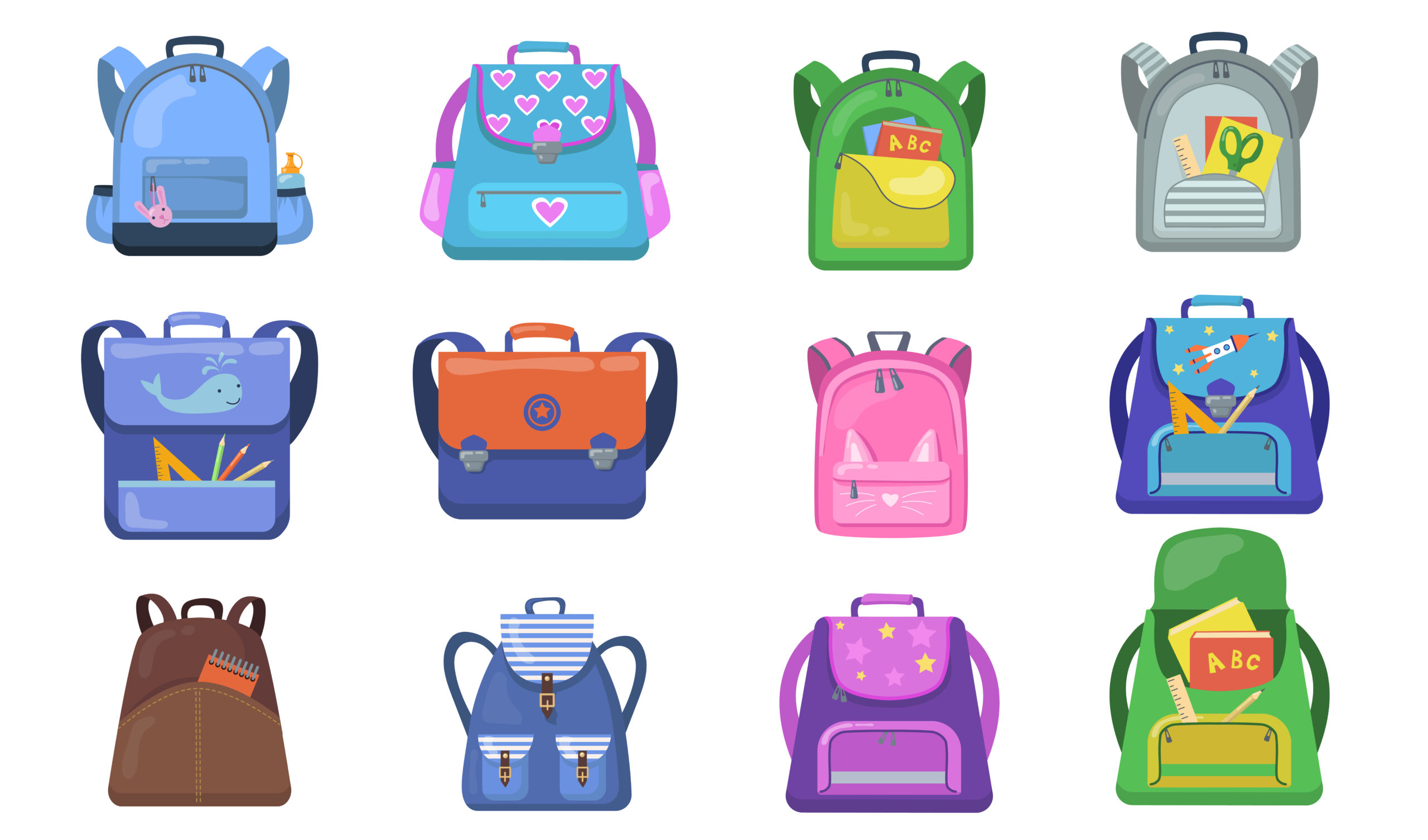 School backpacks set. Colorful bags for primary school students, open rucksacks for kids with school supplies inside. Vector illustrations for back to school, education, stationery, childhood concept