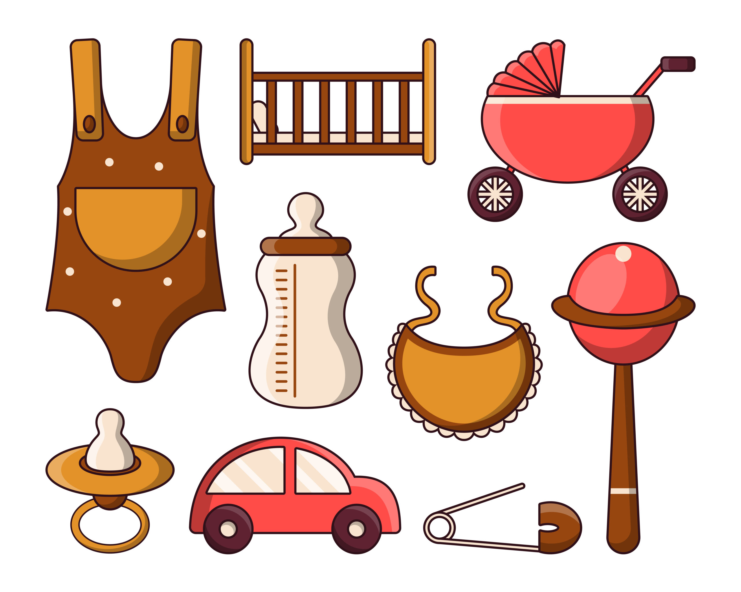Baby items icon set with toys and accessory for kids in cartoon style, Vector illustration isolated on white background
