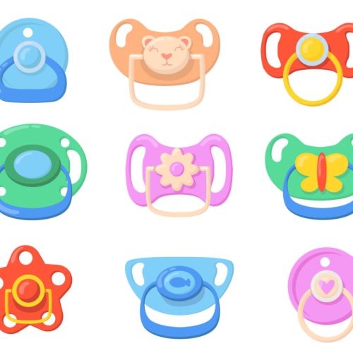 Pacifiers for babies set. Colorful plastic soothers for little children with butterfly, bear, flower shaped handles. Vector illustrations for childhood, parenthood, baby care concept