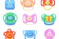 Pacifiers for babies set. Colorful plastic soothers for little children with butterfly, bear, flower shaped handles. Vector illustrations for childhood, parenthood, baby care concept