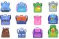 School backpacks set. Colorful bags for primary school students, open rucksacks for kids with school supplies inside. Vector illustrations for back to school, education, stationery, childhood concept