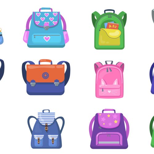 School backpacks set. Colorful bags for primary school students, open rucksacks for kids with school supplies inside. Vector illustrations for back to school, education, stationery, childhood concept