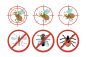 Red prohibiting sign with insects cartoon illustration set. Stop or anti mosquito sign, tick, flies, bloodsuckers danger warning signal, mosquito target. Malaria, epidemic, contamination concept