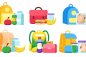 School lunch food boxes and kids bags. Healthy and nutritional food meals for kids breakfast in lunchbox plastic fruit bags of apples. Sandwich and snacks packed in schoolkid. Vector illustration.