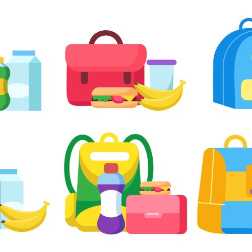 School lunch food boxes and kids bags. Healthy and nutritional food meals for kids breakfast in lunchbox plastic fruit bags of apples. Sandwich and snacks packed in schoolkid. Vector illustration.