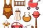 Baby items icon set with toys and accessory for kids in cartoon style, Vector illustration isolated on white background