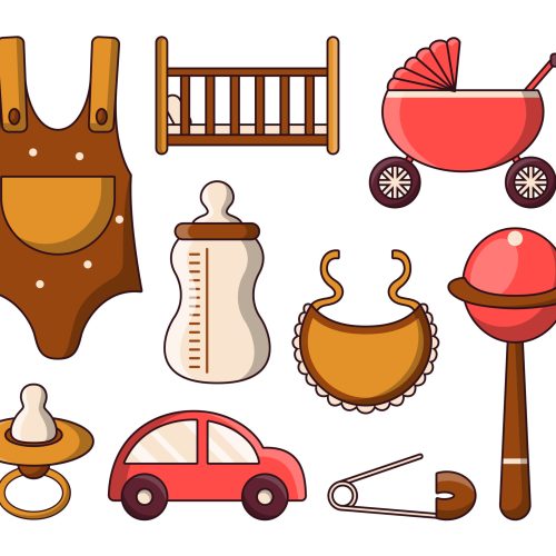 Baby items icon set with toys and accessory for kids in cartoon style, Vector illustration isolated on white background