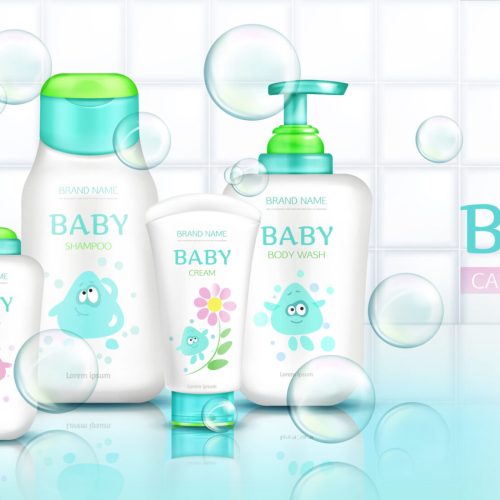 Baby care products, cosmetics bottles with kids cartoon design and flying soap bubbles, plastic tubes mockup of cream, shampoo, foam on white bathroom tiled background Realistic 3d vector illustration