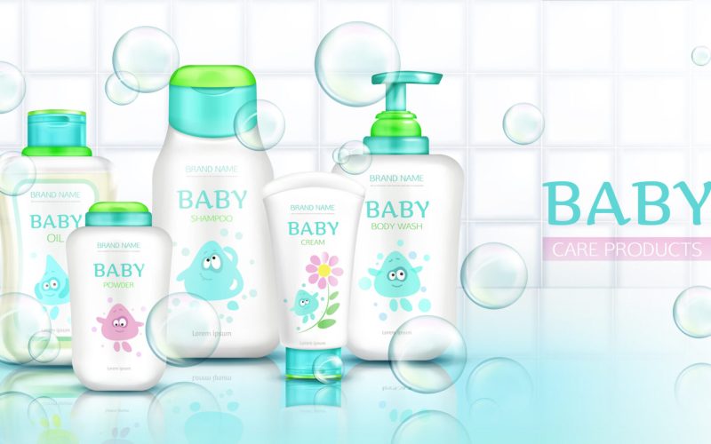 Baby care products, cosmetics bottles with kids cartoon design and flying soap bubbles, plastic tubes mockup of cream, shampoo, foam on white bathroom tiled background Realistic 3d vector illustration