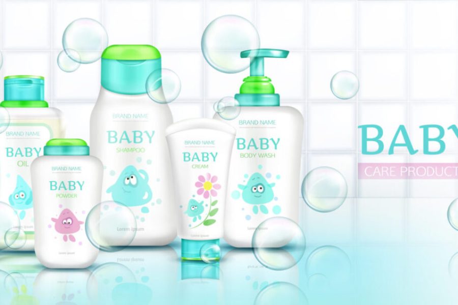 Baby care products, cosmetics bottles with kids cartoon design and flying soap bubbles, plastic tubes mockup of cream, shampoo, foam on white bathroom tiled background Realistic 3d vector illustration