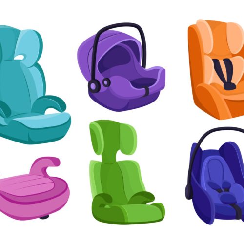 Different car seats for babies vector illustrations set. Chairs for babies, booster seats with seatbelts for vehicles isolated on white background. Movement, transportation, safety concept